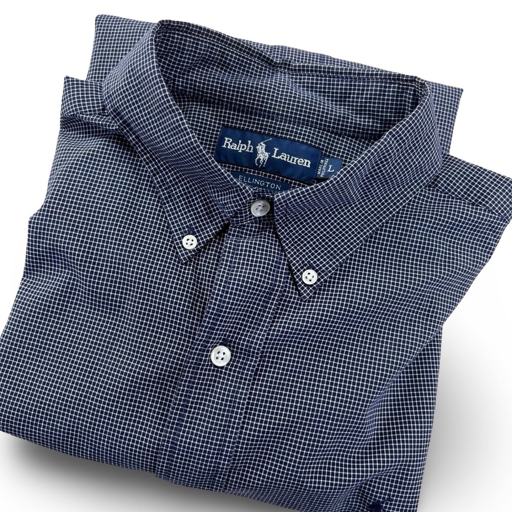 Ralph Lauren Button Down Shirt Mens L Navy White Gingham Ellington Long Sleeve